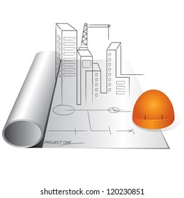 Engineering Drawing And Helmet, Construction  Project,construction Management