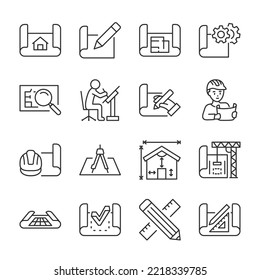 Engineering drawing icons set. Blueprint, linear icon collection. Construction, technical project. Draft sketches. Line with editable stroke