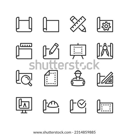 Engineering drawing, linear style icons set, blueprint. A sheet of paper with a diagram. Drawing an image of a technical object. Design and development of products. Editable stroke width