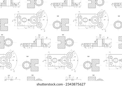 Engineering drawing.  Mechanics blueprints. Vector technology seamless pattern.
