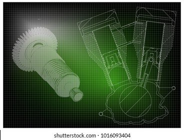 Engineering drawing. Motorcycle engine and cogwheels on a green background