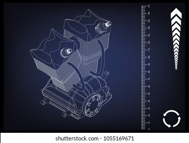 Engineering drawing. Motorcycle engine on a blue background