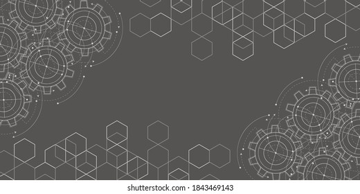 Engineering drawing on black background.Technical drawing of gears .Geometric rhombuses.Abstract tech.Vector illustration.	