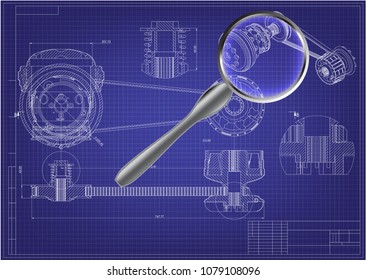 engineering drawing on a blue background. 3d