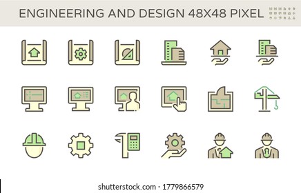 Engineering drawing plan design and building and engineer person vector icon set design,  48X48 pixel perfect and editable stroke.