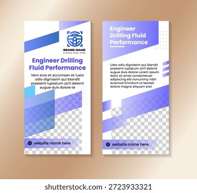 projeto de modelo de banner de desempenho de fluido de perfuração de engenharia no layout vertical. aumente a ilustração de vetor com formas diagonais de transparência nas cores de gradiente azul e roxo. 