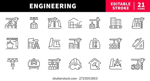 Engineering editable line icons set. construction and architecture symbols