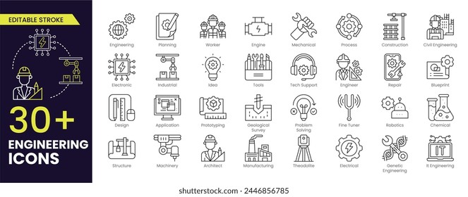 Engineering Editable Stroke-Symbolsatz. Enthält Blaupause, Ingenieur, Werkzeuge, Konstruktion, Mechanik, Industrie, Arbeiter, Motor, Fertigung und Maschinen Symbole. Bearbeitbare Kollektion des Gliederungssymbols.