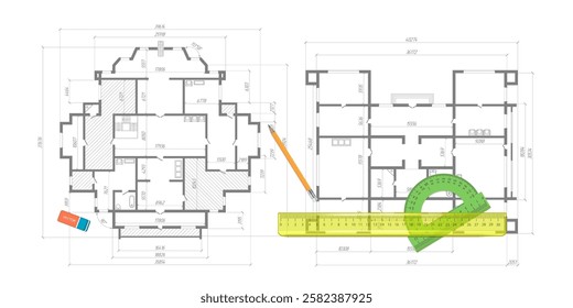 Engineering education. Architectural plan .Ruler and protractor. House plan project . Vector illustration