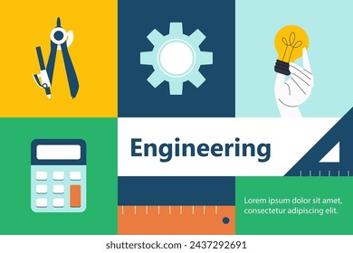 ENGINEERING education in STEM - science, technology, engineering, mathematics. Education geometric banner . Concept typography design with icon  elements. Vector.
