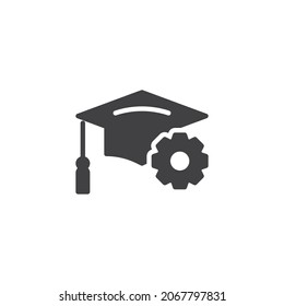 Engineering education vector icon. filled flat sign for mobile concept and web design. Graduation hat and gear glyph icon. Symbol, logo illustration. Vector graphics