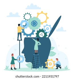 Engineering, Effective Organization Of Processes And Technical Support Vector Illustration. Cartoon Tiny People Work With Gears In Mechanism Of Abstract Human Head, Characters Help In Workflow