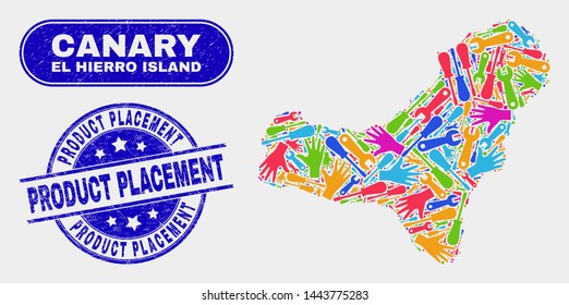 Engineering El Hierro Island map and blue Product Placement distress seal. Colored vector El Hierro Island map mosaic of tools elements. Blue rounded Product Placement seal.