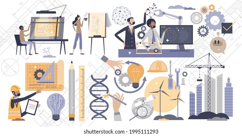 Elementos de ingeniería con el conjunto minúsculo de persona para el desarrollo de proyectos industriales. Colección con escenas de ocupación de ingeniero, herramientas y elementos de trabajo ilustración vectorial. Conocimiento profesional del trabajo mecánico.