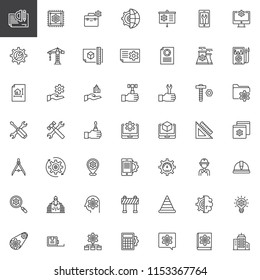 Engineering elements outline icons set. linear style symbols collection, line signs pack vector graphics. Set includes icons as Plan, Cpu, Toolbox, Presentation, Settings, Crane, Blueprint, Skyscraper