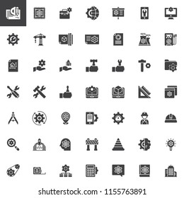 Engineering elements vector icons set, modern solid symbol collection, filled style pictogram pack. Signs, logo illustration. Set includes icons as Plan, Cpu, Presentation, Settings, Crane, Blueprint
