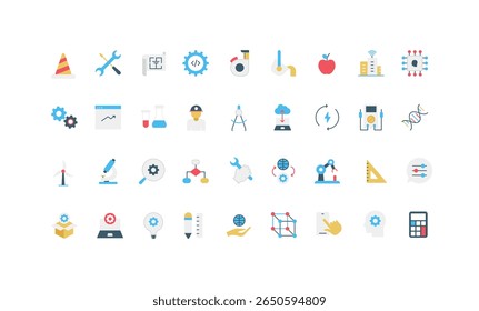 Engenharia, engenheiros e trabalhadores equipamentos, arquitetos blueprint, processo e conjunto de ícones de cores de plano. Robô de fábrica e energia, suporte e configurações de software, engrenagens ilustração vetor plana