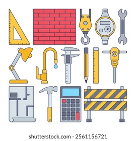 Engineering Equipment Icon Illustration featuring tools like rulers, wrenches, calipers, blueprints, and barriers. Ideal for construction, engineering, and industrial design projects.