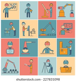 Engineering equipment industrial manufacturing machine operators flat line icons set isolated vector illustration