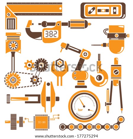 engineering equipment, industrial tools set, mechanical icons set