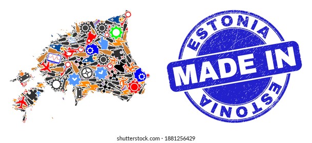 Engineering Estonia map mosaic and MADE IN grunge rubber stamp. Estonia map mosaic composed with spanners,wheel,instruments,components,vehicles,power strikes,details.