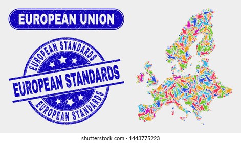 Engineering European Union map and blue European Standards distress seal. Colored vector European Union map mosaic of engineering elements. Blue round European Standards stamp.