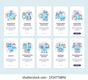 Engineering expertise types onboarding mobile app page screen with concept set. Architect, manager, technician walkthrough 5 steps graphic instructions. UI vector template with RGB color illustrations