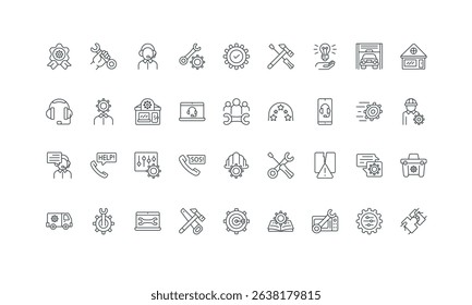 Engineering, fast installation and fix error, recovery thin black symbols vector illustration. Repair and maintenance service, effective customer service and truck, guide line icon set.