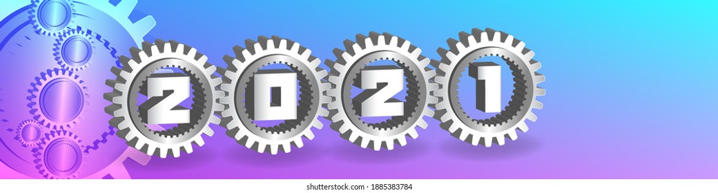 Afiche festivo de ingeniería. Mecanismo de engranajes metálicos 3D con los números 2021. Máscara de recorte. EPS10