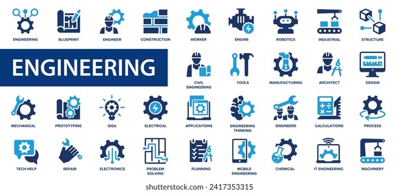 Engineering flat icons set. Manufacturing, engineer, project, robot, machinery, construction, engine, icons and more signs. Flat icon collection.