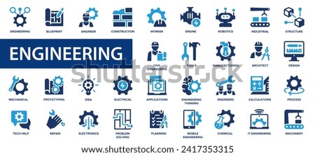 Engineering flat icons set. Manufacturing, engineer, project, robot, machinery, construction, engine, icons and more signs. Flat icon collection.