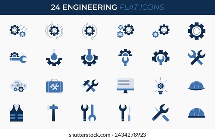 Engineering flat icons set. Vector illustration icon bundle blue color. engineer, tools icons collection.	