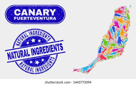 Engineering Fuerteventura Island map and blue Natural Ingredients grunge seal stamp. Colored vector Fuerteventura Island map mosaic of engineering components. Blue rounded Natural Ingredients seal.