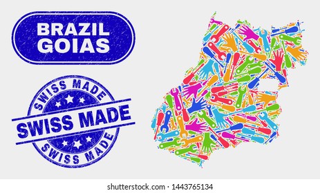 Engineering Goias State map and blue Swiss Made textured seal. Colorful vector Goias State map mosaic of service components. Blue round Swiss Made seal.