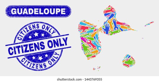 Engineering Guadeloupe map and blue Citizens Only scratched stamp. Bright vector Guadeloupe map mosaic of engineering elements. Blue rounded Citizens Only imprint.