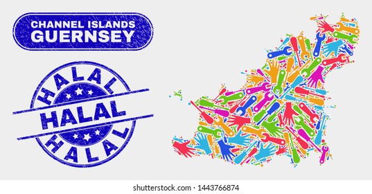 Engineering Guernsey Island map and blue Halal distress seal. Colorful vector Guernsey Island map mosaic of machinery units. Blue round Halal seal.