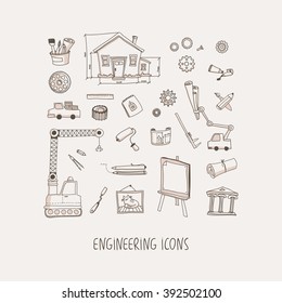 Engineering hand drawn vector icons set