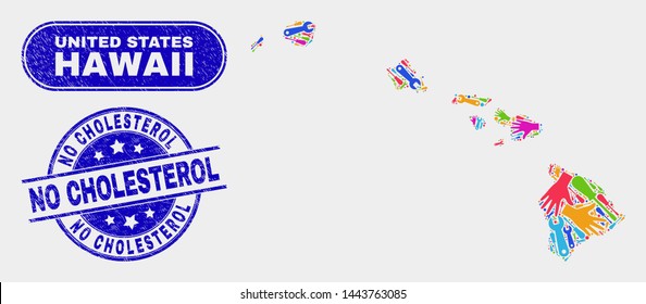 Engineering Hawaii State map and blue No Cholesterol distress seal. Bright vector Hawaii State map mosaic of mechanics components. Blue rounded No Cholesterol seal.