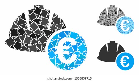 Engineering helmet and Euro composition of rough parts in different sizes and color tinges, based on engineering helmet and Euro icon. Vector rugged items are composed into collage.