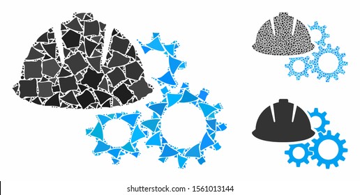 Engineering helmet and gears mosaic of rugged items in different sizes and color tinges, based on engineering helmet and gears icon. Vector irregular items are united into mosaic.