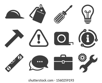 Engineering, helmet and screwdriver signs. Discount offer tag, chat, info icon. Repair, construction icons. Lamp, electricity and attention symbols. Classic style signs set. Vector