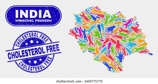 Engineering Himachal Pradesh State map and blue Cholesterol Free textured seal stamp. Bright vector Himachal Pradesh State map mosaic of machinery components. Blue rounded Cholesterol Free imprint.
