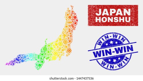 Engineering Honshu Island map and blue Win-Win grunge stamp. Colorful gradiented vector Honshu Island map mosaic of engineering components. Blue rounded Win-Win stamp.