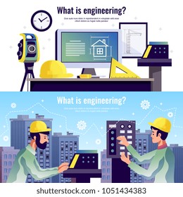 Engineering horizontal banners with drawing tools special constructor equipment and two engineers against modern multistory city buildings background vector illustration 