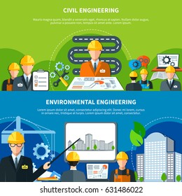 Engineering horizontal banners with flat urban construction eco-friendly image compositions of faceless characters and text vector illustration