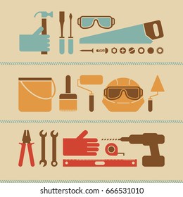 Engineering horizontal compositions set with hammer and bush flat isolated vector illustration