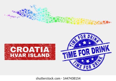 Engineering Hvar Island map and blue Time for Drink grunge seal stamp. Spectral gradient vector Hvar Island map mosaic of industrial components. Blue rounded Time for Drink stamp.