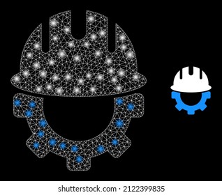 Engineering icon and bright mesh net engineering model with illuminated spots. Illuminated model is generated using engineering vector icon and polygonal mesh. Bright carcass engineering,