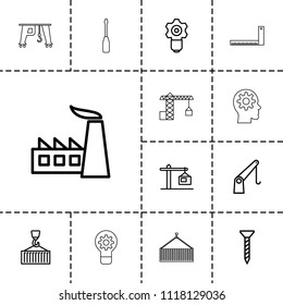 Engineering icon. collection of 13 engineering outline icons such as factory, screw, gear keyhole, cargo on hook, cargo crane. editable engineering icons for web and mobile.