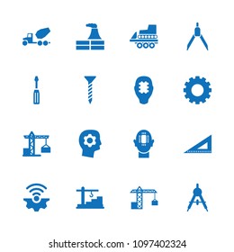 Engineering icon. collection of 16 engineering filled icons such as gear, compass, construction crane, factory, screw. editable engineering icons for web and mobile.